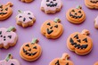 © World of AI - halloween themed pumpkin gingerbread cookies with kawaii faces on a pastel purple background