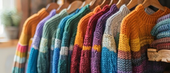 Colorful Hand-Knitted Sweaters on Wooden Hangers in a Cozy Boutique Displayed in a Row