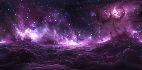 Cosmic Dreamscape: Hyper Realistic 360 Equirectangular Projection of Purple Nebulae and Stars on Black Background with Pink Highlights