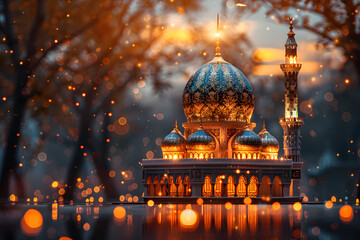 Mosque with Bokeh Lights on Dark Background for Islamic New Year Celebration