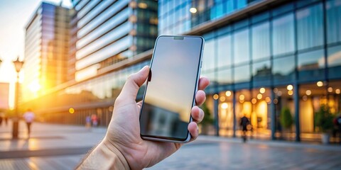 Modern smartphone with screen in hand on background