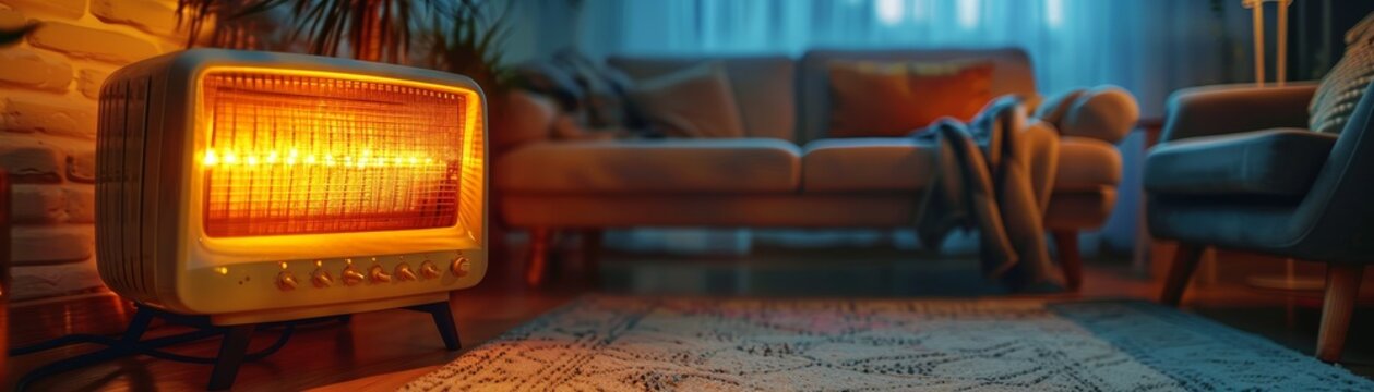 Warm living room scene with an old - fashioned electric heater 