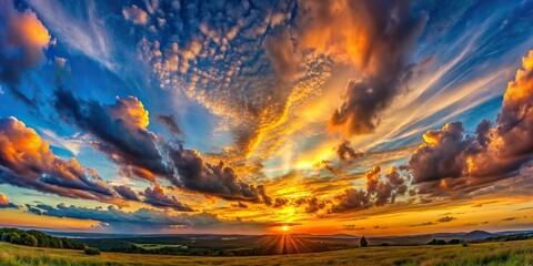 Panoramic view of a beautiful sunset sky with clouds