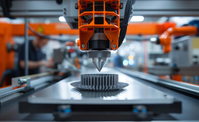 3D printer producing prototypes for electronic gadgets, showing complex internal components being printed layer by layer, with an R&D lab featuring designers and engineers in the background.