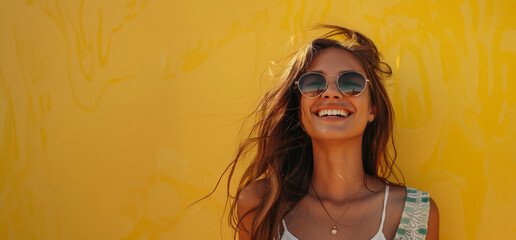 A woman with long hair and sunglasses is smiling at the camera. She is wearing a white tank top and a necklace