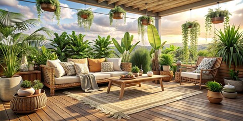 Realistic boho terrace zone with wooden floor, cozy furniture, and green plants under the sunny summer sky