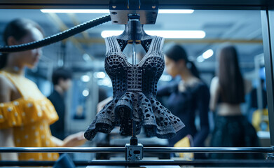 3D printer creating custom fashion items tailored to individual measurements, showing the printer working on personalized designs, with a fashion tech lab in the background featuring models and design