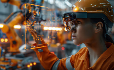 An engineer wearing a hard hat and augmented reality (AR) headset is working on a machine part, with digital schematics overlaying his view in an industrial setting.