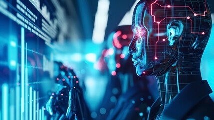 Poster - Futuristic robots with illuminated circuits analyzing data on a digital screen, representing artificial intelligence and advanced technology.