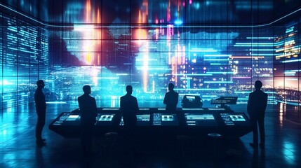 Wall Mural - Silhouetted individuals analyze data on large digital screens in a futuristic control room with vibrant, illuminated displays.