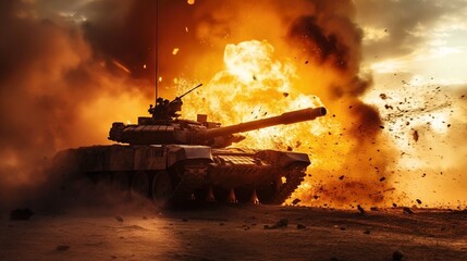 A military tank driving through a battlefield with a massive explosion and fire behind it, creating a dramatic and intense scene.