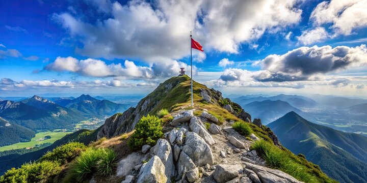 A scenic view of a mountain summit with a small red flag planted at the top , achievement, success, victory, mountain peak, triumph, conquer, accomplishment, challenge, adventure, goal