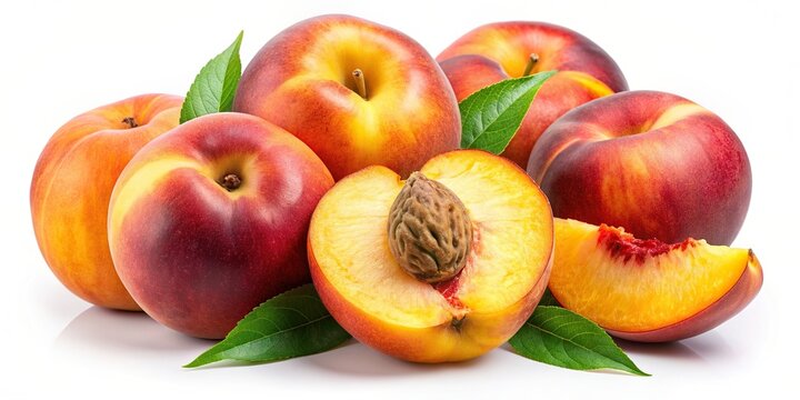 Set of ripe peaches cut and whole, isolated on background, fresh, juicy, fruit, vibrant, colorful, organic, healthy, food, peach slices, peach halves, summer, harvest, ripe, natural, dessert