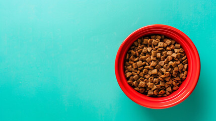 A bright red bowl of dry cat food on a solid turquoise background,