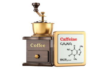 Poster - Coffee Grinder and caffeine Icon with chemical formula, molecular structure. 3D rendering isolated on transparent background