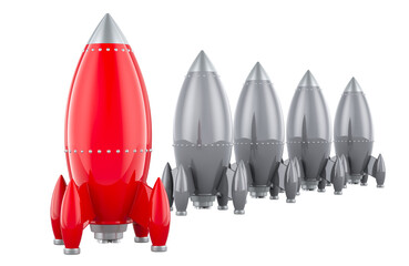 Poster - red spaceship rocket among the others. leader, winner concept. 3d rendering isolated on transparent 