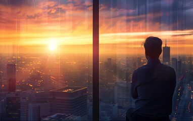 Man watching a stunning sunset from a high-rise building window, overlooking a vibrant city skyline filled with skyscrapers and colorful clouds.