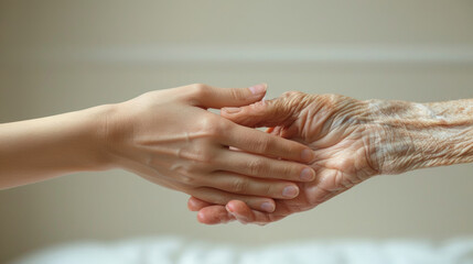 Closeup of loving couple holding hands while sick , Hand of young woman touching old woman in hospital