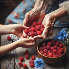 Wall Mural - elderly woman and child with raspberries fruits