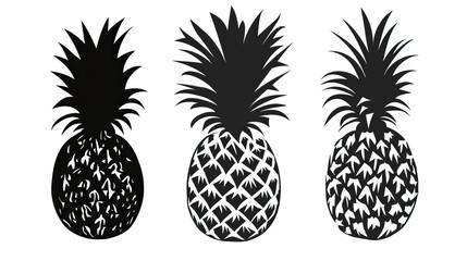 Wall Mural - Simple, clear and beautiful arts and crafts artisanal stencil print style illustration of pineapples, fruit isolated on white background. Stencilled graphic design, modern, minimalist, black and white