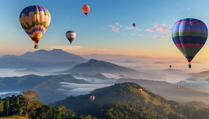 Rainbow Skies: Hot Air Balloons Soar over Phu Chi Fa at Sunrise in Chiang Rai, Thailand