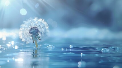 Dandelion flower in water with soft sunlight and dreamy reflections
