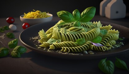 Wall Mural - Tagliatelle pasta with pesto and basil leaves in a bowl, dark background. AI generated.