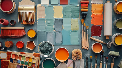 A colorful array of painting tools and supplies arranged on a table
