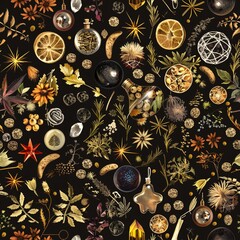 Poster - A seamless pattern of mystical items including crystal balls, pentagrams, and dried herbs harmoniously blended to create an intricate layout
