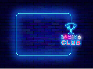Wall Mural - Bowling club neon promotion template. Sport game with ball and skittles. Empty blue frame and colorful typography. Winner cup. Shiny announcement. Copy space. Editing text. Vector stock illustration