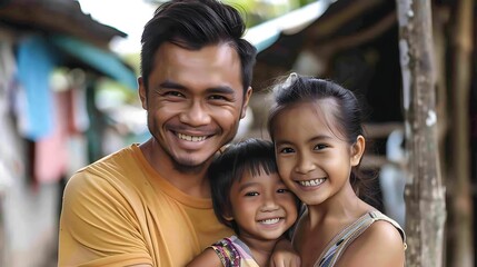 Wall Mural - Indonesian family. Indonesia. Families of the World. A smiling man embraces two cheerful young girls, capturing a heartwarming family moment.. #fotw