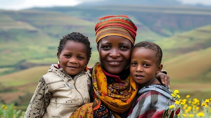 Basotho family. Lesotho. Families of the World. A smiling woman with traditional headwear stands between two young children against a backdrop of green rolling hills . #fotw
