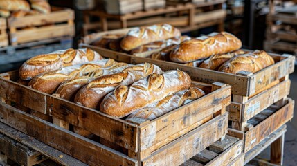 Packed crates with assorted bread types, baguettes and sourdough, in an industrial setting, ready for transport