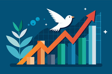 Poster - a bird flying over a bar chart with a bird on it, Dynamic vector artworkline graph trending upwards with a dove, symbolizing positive impact and peace