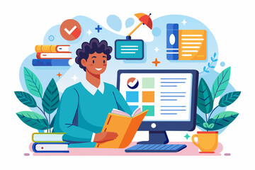 Poster - a man sitting at a desk with a book and a computer, Completing lesson online course vector significantly upskills desired field