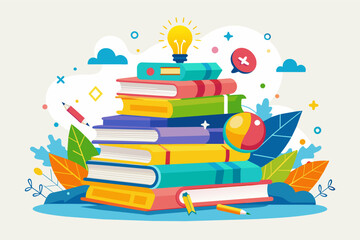 Aufkleber - a pile of books with a light bulb on top, a pile of books with a light bulb on top, playful vector Illustration stackcolorful notebooks, overflowing with ideas and creative thoughts