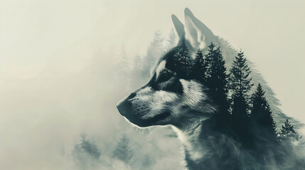 The husky in a silhouette double exposure. In the background is forest. Stylish in the style of double exposure. Generative AI illustration 