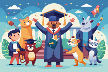 a man in a graduation cap and gown surrounded by animals, graduation ceremony where animals are the graduates, celebrating their achievements in a playful scene