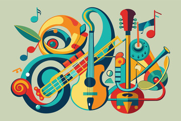 Poster - a colorful musical instrument with music notes, musical note with different instruments forming its structure, showcasing the beautymusic
