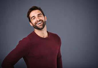 Poster - Studio, happy and portrait of man, fashion and confidence in mockup space, pride and jersey for winter. Gray background, face and person in Miami, smile and comfortable in clothes, joy and sweater