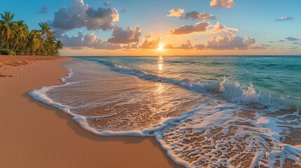 Canvas Print - Tropical Sunset Beach with Palm Trees and Waves