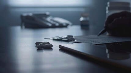 Poster - Patient medication list on a table, close-up, foggy with no humans, dim twilight