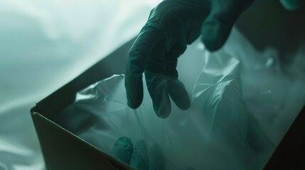 Poster - Close-up of surgical gloves in a box, in fog, deserted, soft focus, dawn light 