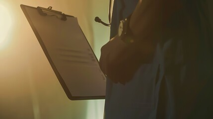 Poster - Nurse's clipboard with notes, close-up, foggy, no people, muted evening light 