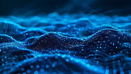 Poster - Abstract background with digital waves and particles of light in blue and purple colors
