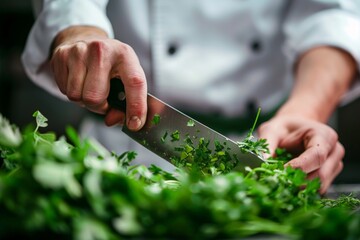 professional chef expertly chopping fresh green herbs in commercial kitchen, close-up shot focuses o
