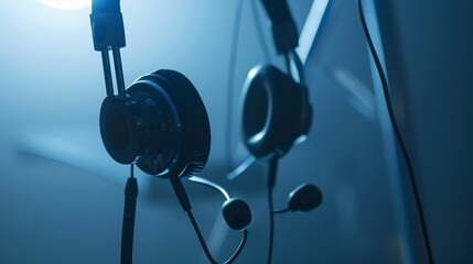 Poster - Close-up of a medical team's communication headset, foggy, no humans, soft focus, dim light