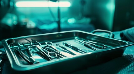 Sticker - Surgical team's instruments tray, close-up, foggy with no people, eerie, twilight setting 