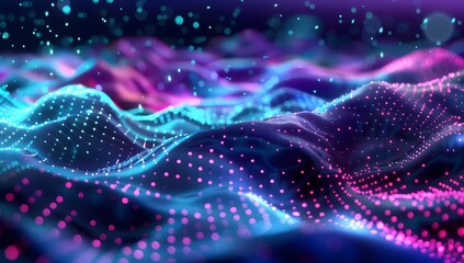 Poster - Abstract background with blue and purple gradient dots in the form of landscape with small particles on a dark background
