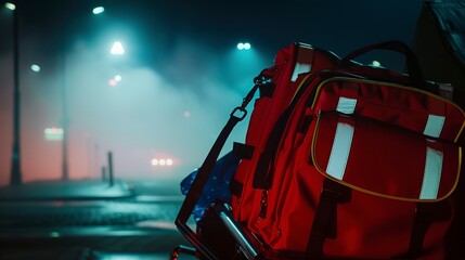 Canvas Print - Close-up of a paramedic team's emergency kit, foggy, no humans, eerie, late night light 